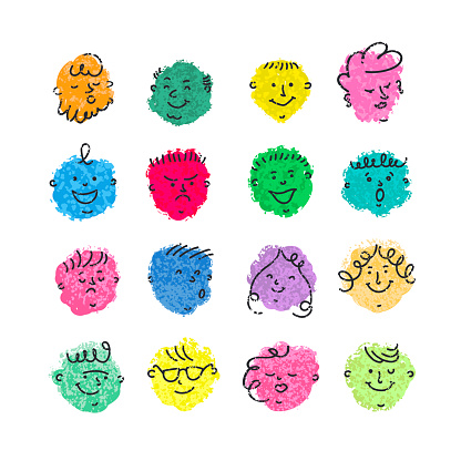 Vector colorful set with crayon illustrations of different comic faces with various emotions in cartoon style. Textured flat design elements for greeting cards, poster, web page, prints