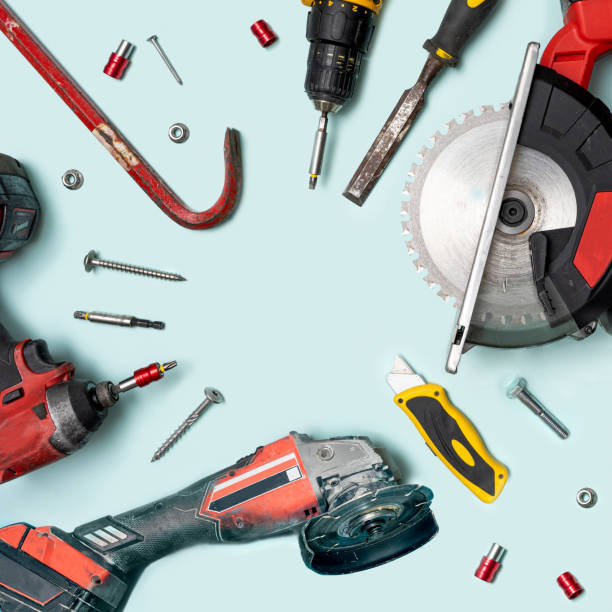 arrangement of disc from circular saw, hammer, stainless multi pliers. scalpel, tool kits, screwdrivers, and other tools with on pastel blue background. top view. circular creative copy space. - power tool saw electric saw circular saw imagens e fotografias de stock