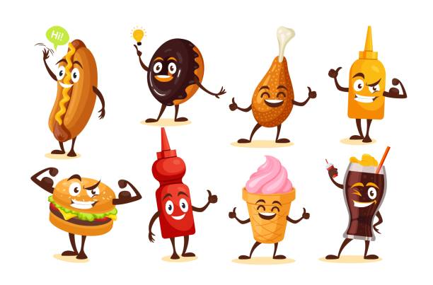 illustrations, cliparts, dessins animés et icônes de collection happy fast food personnages vecteur hot-dog plat, beignet glacé, cuisse de poulet, moutarde, burger - burger hamburger cheeseburger fast food