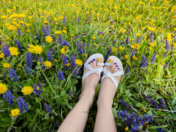 Floral purple footwear of a under teenage girl