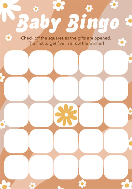 Baby Shower Bingo game template in groovy retro 70s cartoon style. Baby shower party activity Baby Shower Bingo game template in groovy retro 70s cartoon style. Baby shower party activity card. Birthday game. Gender neutral vector illustration. Printable kids birthday poster. blank bingo cards stock illustrations