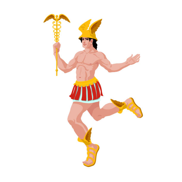 ilustraciones, imágenes clip art, dibujos animados e iconos de stock de hermes volador con vara dorada. el antiguo dios griego del comercio y la suerte. - mercury greek god men roman god