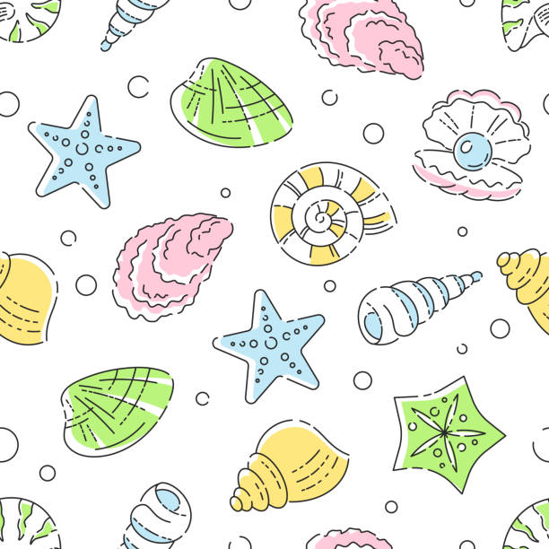 бесшовный шаблон иконок летнего отпуска. красочный жемчуг, морские звезды, моллюски, устрицы и морские гребешки символы летнего приключенч - pearl shell starfish beach stock illustrations