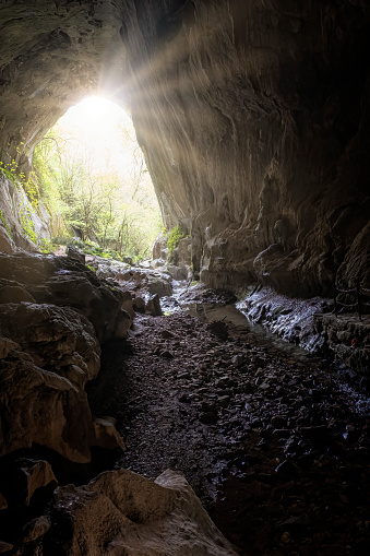 Rays of sunlight at the exit of a cave, end of the tunnel, light at the end of the cave, zugarramurdi cave, Navarre, Spain, vertical