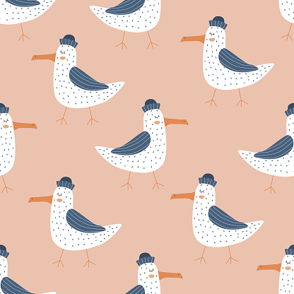 Adorable seagull in a sailor hat hand drawn vector illustration. Funny birds seamless pattern for kids fabric.