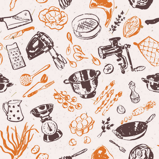 illustrazioni stock, clip art, cartoni animati e icone di tendenza di utensili da cucina pattern senza bordi - blender illustrations and vector art food and drink seamless