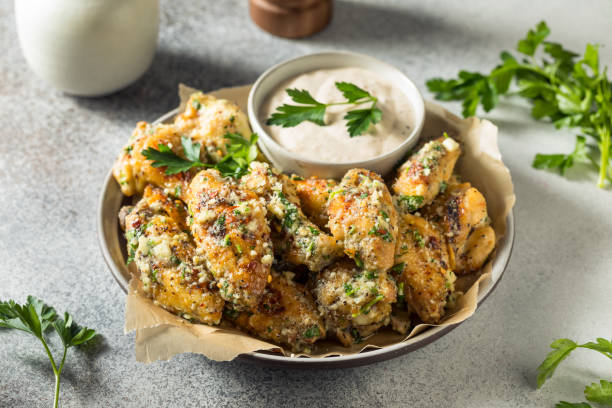 Homemade Fried Parmesan Chicken Wings Homemade Fried Parmesan Chicken Wings with Dipping Sauce Buffalo Wings stock pictures, royalty-free photos & images