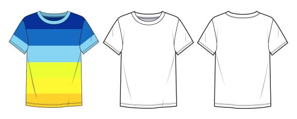 유니섹스 티셔츠 패션 플랫 디자인 블루와 옐로우 컬러. 짧은 소매, 승무원 목, 앞뒤보기, 흰색 색상의 티셔츠 패션 플랫 기술 도면 템플릿. - shirt cotton textile contemporary stock illustrations