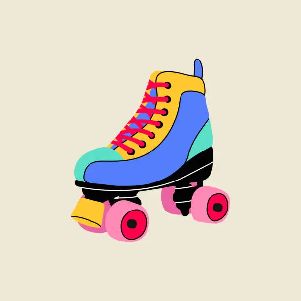 Vector illustration of Classic nostalgic 80s-90s element in modern style flat, line art style. Hand drawn vector retro illustration of quad roller skates, oldschool. Fashion patch, badge, emblem