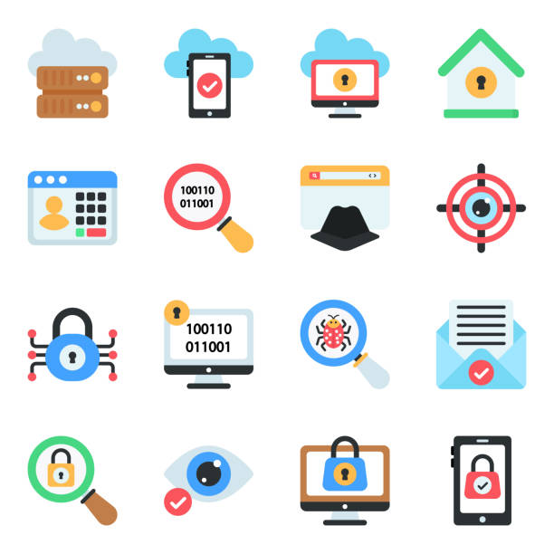 ilustraciones, imágenes clip art, dibujos animados e iconos de stock de pack de iconos planos de seguridad y protección - target computer bug computer network security