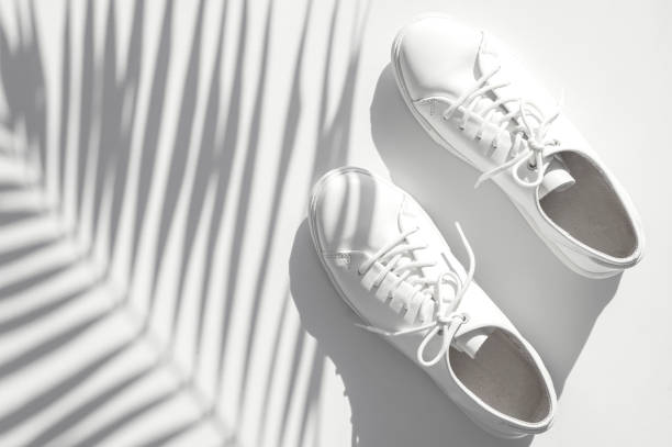 istock White women's leather sneakers, sun shade from tropical leaf on white background top view. Stylish youth sneakers, sports shoes, genuine leather footwear. Minimalistic summer background with shoes 1395781862