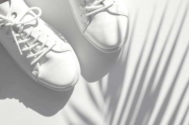 istock White women's leather sneakers, sun shade from tropical leaf on white background top view. Stylish youth sneakers, sports shoes, genuine leather footwear. Minimalistic summer background with shoes 1395781863
