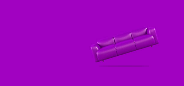istock Creative Minimalistic mockup with flying sofa. Flying purple leather soft sofa on purple background with shadow. Stylish cozy modern sofa made of genuine leather on wooden legs. Banner 1395782890