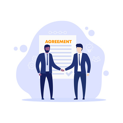 agreement, men in suits shaking hands, vector illustration
