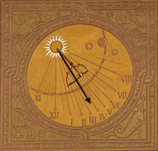 Vintage outdoor sundial Ancientsundial on the surface of the medieval wall ancient sundial stock pictures, royalty-free photos & images