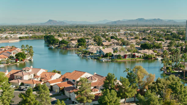 istock Drone Shot of Waterfront Housing Development in Gilbert, Arizona 1395786249