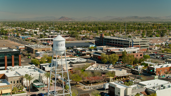 Aerial shot of Downtown Gilbert, Arizona on a clear sunny day\n\nAuthorization was obtained from the FAA for this operation in restricted airspace.