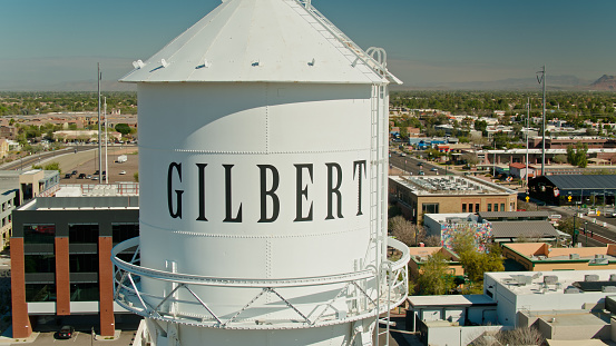 Aerial shot of Downtown Gilbert, Arizona on a clear sunny day\n\nAuthorization was obtained from the FAA for this operation in restricted airspace.