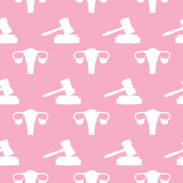Gavel An Uterus Seamless Pattern Vector seamless pattern of white gavels and uteruses on a pink square background. reproductive rights stock illustrations