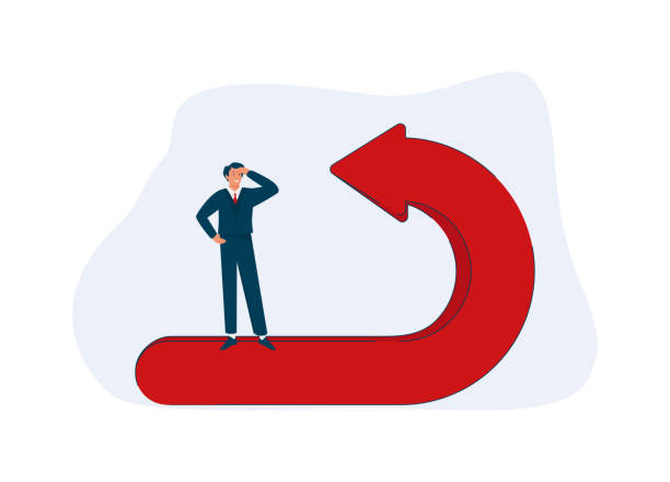 Business turning point, break event or change direction, reverse back, interest rate. Business turning point, break event or change direction, reverse back, interest rate or financial trend change concept, frustrated businessman investor looking at his reverse direction pathway. person falling backwards stock illustrations