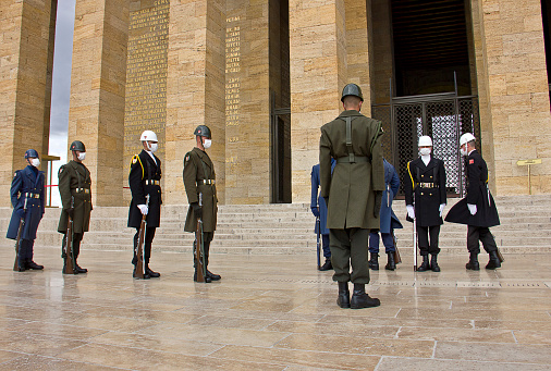 Ankara, Turkey - April 11,2022 : View of Anitkabir Mausoleum of Ataturk. There are Turk soldiers at military ceremony watch. People watch the ceremony and visiting the Great Leader Ataturk in his grave to convey his love and respect. Anıtkabir (literally, \