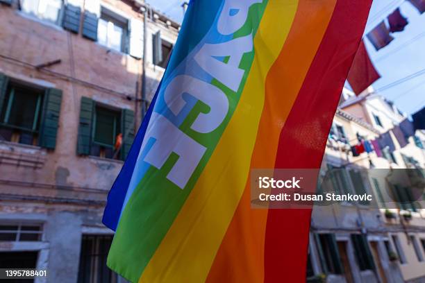 Floating Pride Flag On The Streets Of Italy Stock Photo - Download Image Now - Architecture, Building Exterior, Celebration