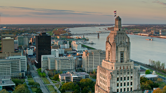 Aerial view of Louisiana state capitol and downtown Baton Rouge, Louisiana on a Fall morning. \n\nAuthorization was obtained from the FAA for this operation in restricted airspace.