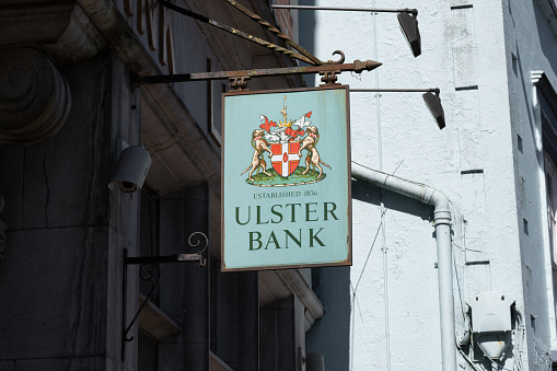 Kilkenny, Ireland- April 20, 2022: The sign for Ulster Bank in Kilkenny Ireland.