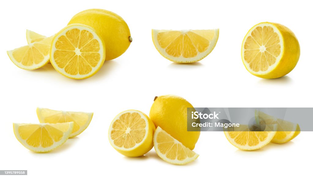 fresh lemon slices set of fresh sliced lemon isolated on white background Lemon - Fruit Stock Photo