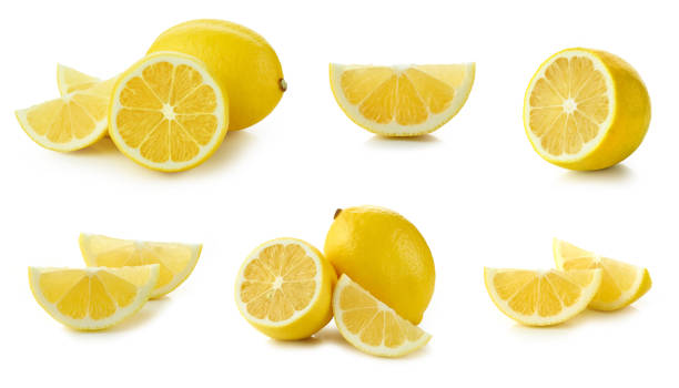 fresh lemon slices set of fresh sliced lemon isolated on white background lemon stock pictures, royalty-free photos & images