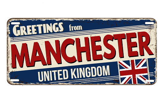 Greetings from Manchester vintage rusty metal plate on a white background, vector illustration