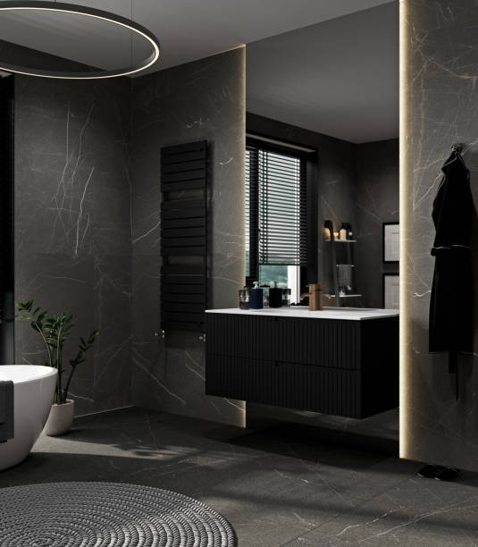 moderno interno del bagno grigio con mobili neri, vasca e lavandino con specchio, rendering 3d - tile bathroom tiled floor marble foto e immagini stock