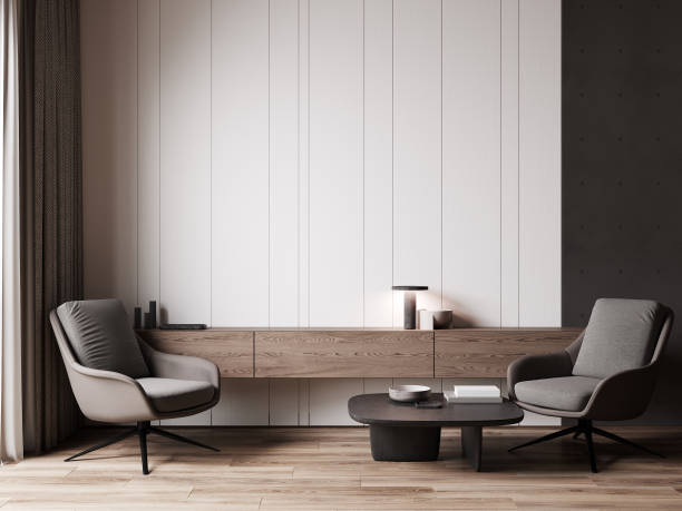 istock Stylish interior with modern armchairs and wooden wall panel. 3d rendering 1395790402