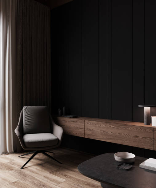 istock Home interior, luxury modern dark living room interior, empty wall mock up, 3d render 1395790411