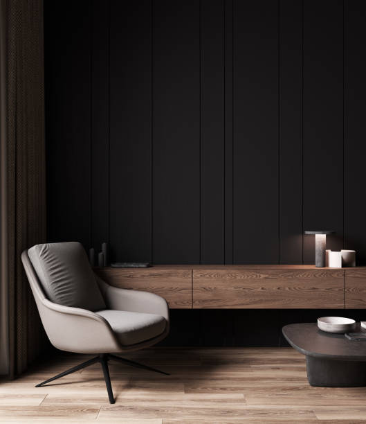 istock Home interior, luxury modern dark living room interior, black empty wall mock up, 3d render 1395790420