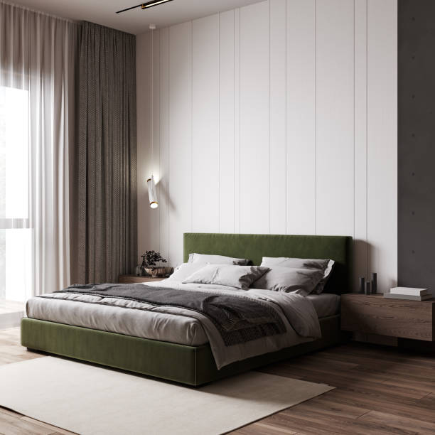 istock Interior bedroom wall mock up, minimalist style, white wall, green bed, 3d render 1395790422