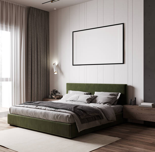 istock Friendly interior style. Bedroom room. Frame mockup. Poster mockup. 3d rendering, 3d illustration 1395790423