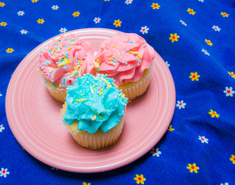 A pink plate holds three frosted cupcakes covered with candy sprinkles.