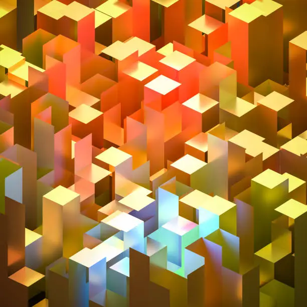 Photo of Abstract background of yellow red blue isometric cuboids depicting a cityscape