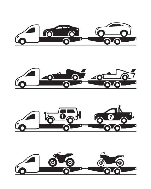 Vector illustration of Pickup with trailer brings various vehicles