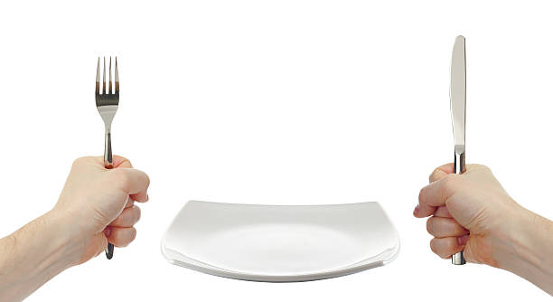 istock white square plate, knife and fork cutlery in hands isolated 139579424