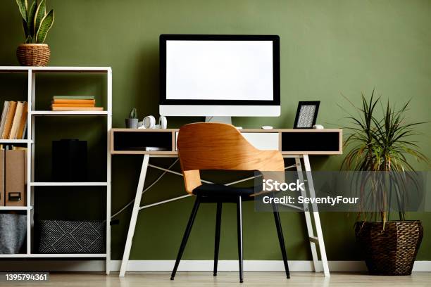 Green Workplace With Computer Mockup Stock Photo - Download Image Now - Environmental Conservation, Laptop, Office
