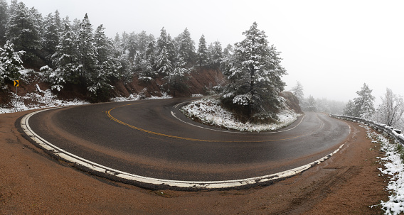 Panoramic view of an hairpin turn in the Rocky Mountains in Boulder, Colorado, United States