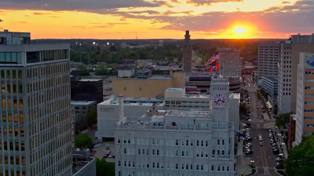 Drone shot of office buildings in Jackson, Mississippi on a spring evening.

Authorization was obtained from the FAA for this operation in restricted airspace.