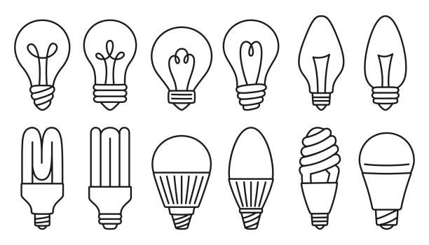 電球落書きアイコンセットレトロランプエコロジー主導ラインサイン経済省エネ電球ベクトル - halogen light点のイラスト素材／クリップアート素材／マンガ素材／アイコン素材