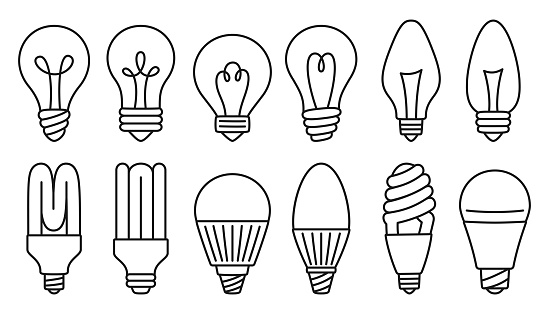 Light bulb doodle icon set. Retro glass lamp, ecology spiral led, economy energy saving lightbulb line sign. Symbol idea and creativity, innovation, modern invention. Saving electricity bulb vector