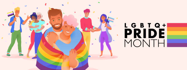 lgbtq plus pride-monatsbanner mit verschiedenen menschen, die lgbt-rechte und -bewegungen unterstützen - homosexual gay man parade flag stock-grafiken, -clipart, -cartoons und -symbole