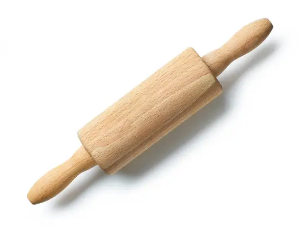 wooden rolling pin isolated on white background, top view