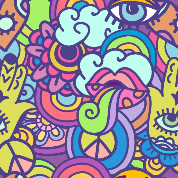 illustrazioni stock, clip art, cartoni animati e icone di tendenza di hippie psichedelico colorato senza cuciture modello vettoriale senza soluzione di continuità - musica psichedelica