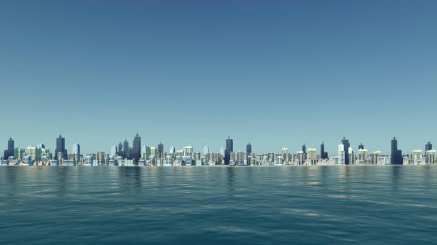 View from lake or harbor calm water surface on abstract coastal city downtown with modern high rise buildings skyscrapers against clear blue sky background. 3D illustration from my 3D rendering.